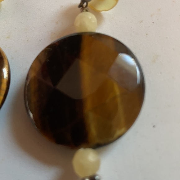 GENUINE Tiger’s Eye Drop Earrings w Cream Stone Large - Picture 3 of 5